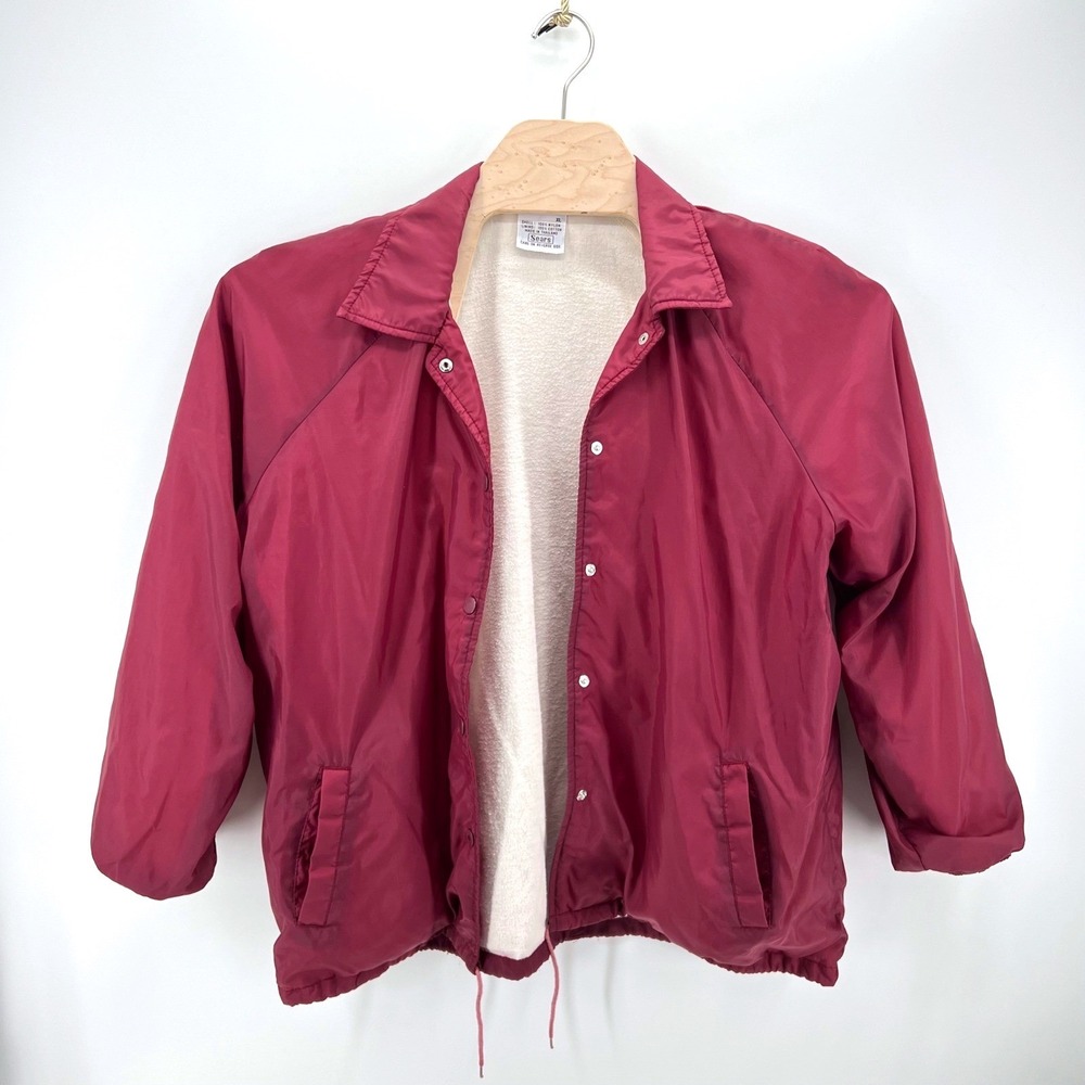Vintage Sears Coaches Jacket Mens XL Burgundy 80s Nylon Snap Front Windbreaker